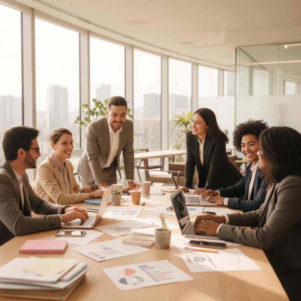Professional diverse team collaborating in a bright modern workspace